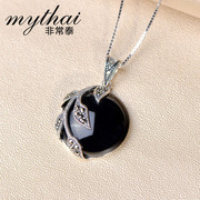 Very Thai 925 Sterling Silver Black Onyx pendant with natural stone of longevity trends Korean fashion jewelry necklace