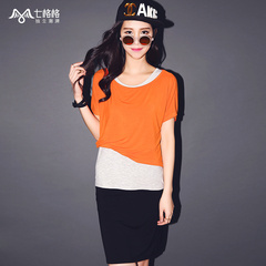 Summer of seven space space OTHERMIX2015 new contrast color stitching round neck short sleeve slim dress