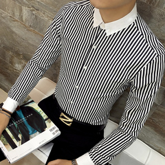 2016秋季新款男士长袖衬衣韩版立领修身竖条纹衬衫时尚休闲上衣潮