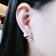 Korea fashion flower faux Pearl Stud Earrings zircon Baroque rear-mounted flower faux Pearl ear jewelry women