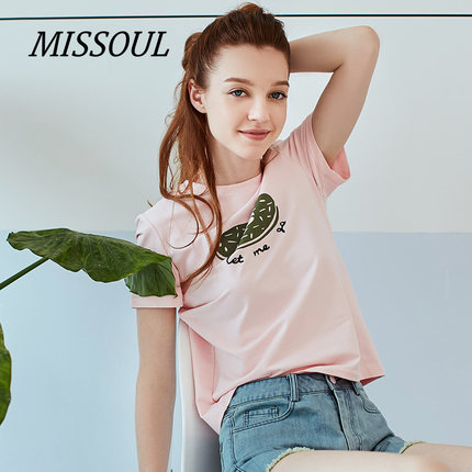 missoul米素女装2016新款休闲短袖印花t恤打底衫