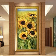 欧式现代简约玄关装饰画手绘向日葵花卉竖版油画过道走廊壁画挂画