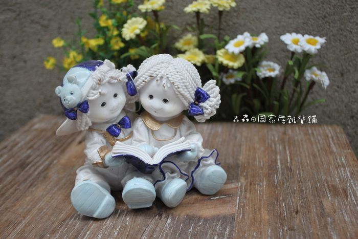 古董娃娃 外贸树脂做旧美式乡村怀旧青花瓷情侣娃娃家居装饰摆件