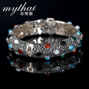 Very authentic Thai Chinese wind ethnic wind vintage open pure colorful stone bracelet silver bracelet girl Korean version