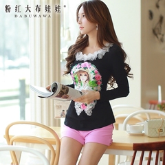 T shirt girls big pink doll 2015 autumn new coat women print lace bottom shirt long sleeve