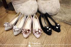 出口日本日系定制夹花朵珍珠尖头平底单鞋甜美浅口外贸小跟鞋女鞋
