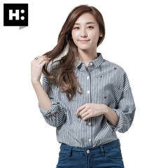 H:CONNECT韩版时尚百搭女式竖条纹爱心印花长袖衬衫2016冬季新款