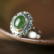 Very Thai carved hollow natural jade 925 Silver ring green gemstone ring finger ring Lady tides