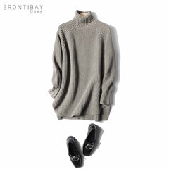 Brontibay2016冬新品前短后长开叉套头高领加厚宽松毛衣女
