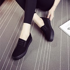纯黑色女鞋子低帮全黑色工作鞋绒面帆布鞋韩版一脚蹬平底休闲单鞋