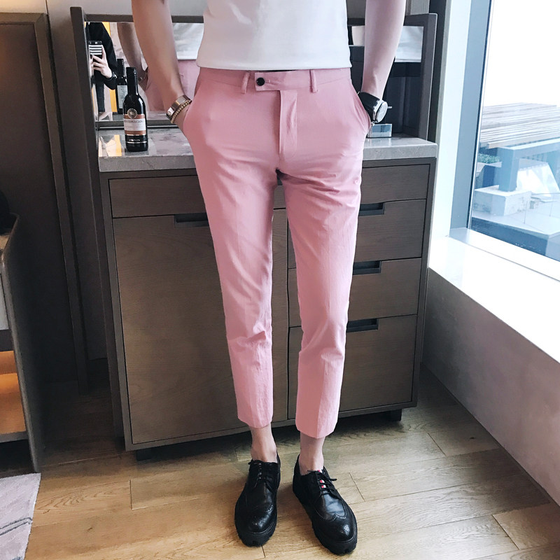 夏季粉色九分裤潮男韩国小脚裤子青年男性时尚休闲裤修身9份西裤