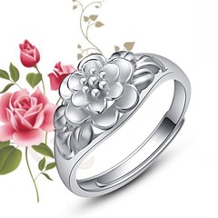 戒指女纯银开活口S990足银指环手工玫瑰花女式戒礼物镂空银饰包邮