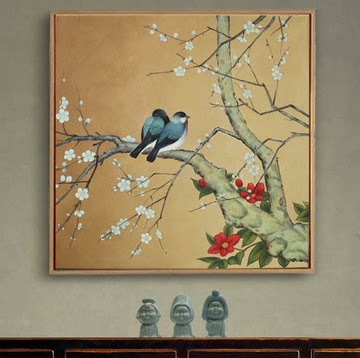 【摆设.手绘画作】后现代中式工笔花鸟风格油画装饰画依偎