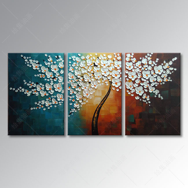 三拼组合装饰厚油刀画油画现代花卉客厅无框画壁画手绘抽象富贵花