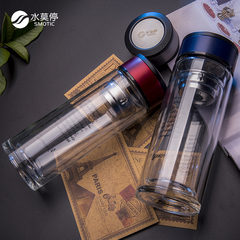 smotic 玻璃杯 双层带盖水杯创意男女士杯子 便携过滤网玻璃茶杯