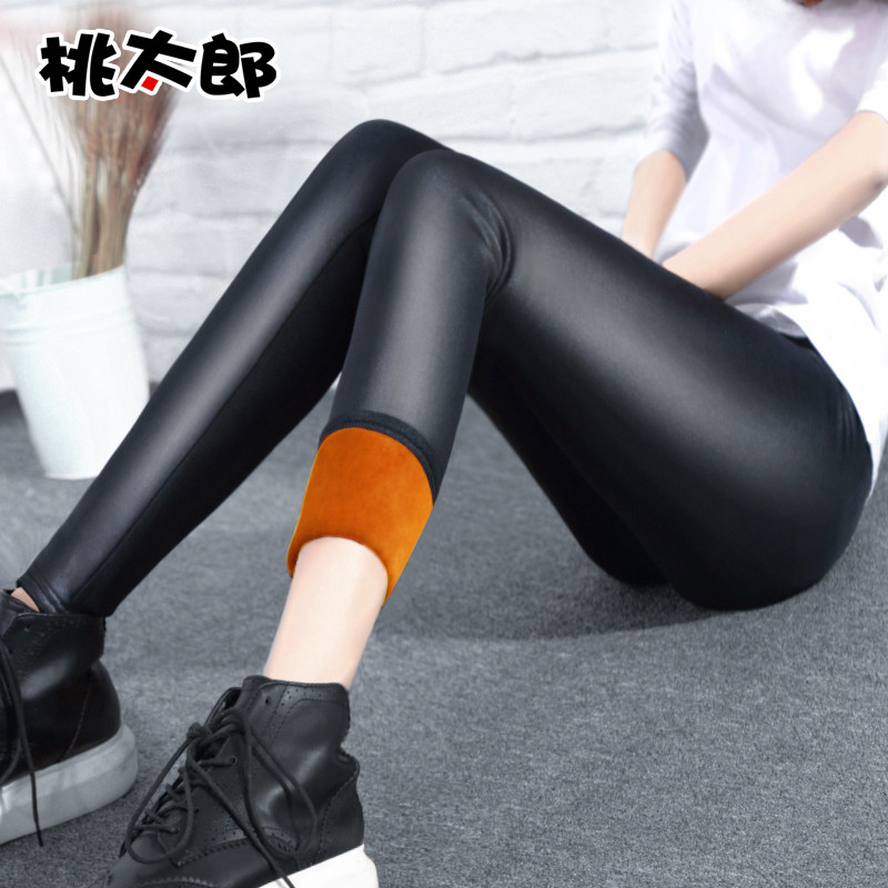 桃太郎秋鼕款外穿皮褲加厚加絨仿皮打底褲女士顯瘦小腳長褲子大碼