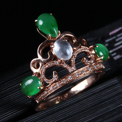 比澳珠宝～老坑冰种翡翠皇冠戒指 18k伴钻 圈口可改