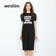 Westlink/West spring 2016 new letters bright silk straight short sleeve t-shirt dress long dress