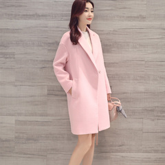 粉色毛呢外套女2016冬装新款韩国中长款翻领气质学生纯色呢子大衣