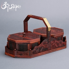 红酸枝双子提篮 家居饰品摆件木雕果盘结婚礼品红木工艺品礼盒