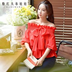 Shirts girls big pink doll 2015 autumn new a big bow neck strapless long sleeve shirt