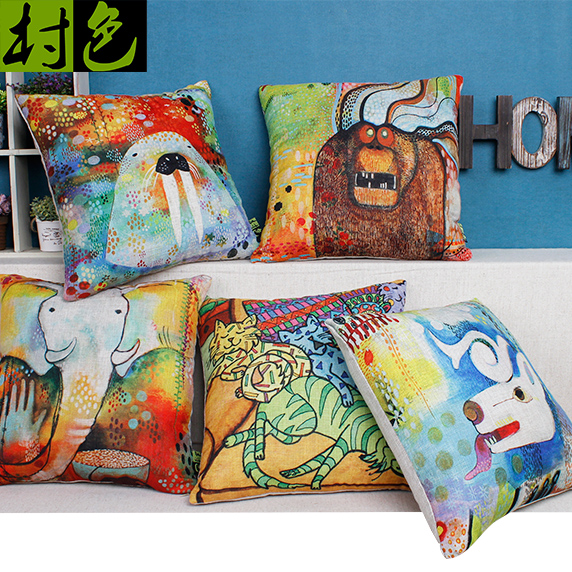 卡通大象抱枕猫咪创意动漫靠枕可爱彩色手绘动物棉麻抱枕沙发靠枕产品展示图2