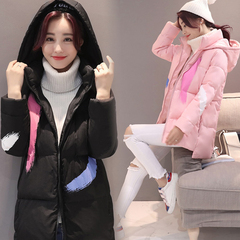 2016冬季新款韩版大码修身棉衣外套女中长款加厚羽毛印花连帽棉服