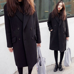毛呢外套女冬季2016新款韩版中长款双排扣休闲黑色羊毛呢子大衣潮