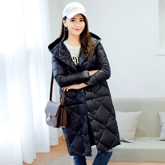 2016冬装新款ANIFNA韩版菱形格连帽中长款宽松羽绒服女纯色外套
