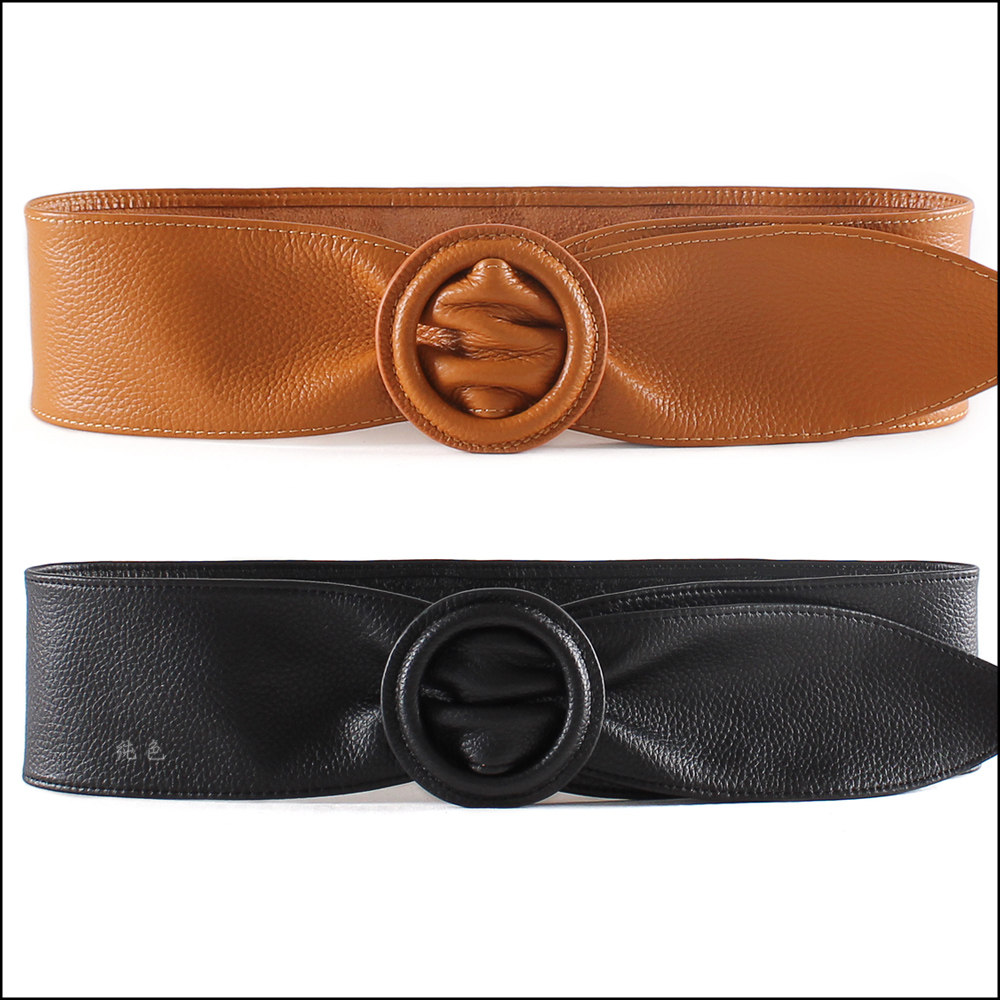 超软野牛牛皮荔枝纹头层金属圆扣宽皮腰封腰带腰带
