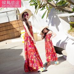 亲子沙滩裙夏海边度假长裙三口母女童显瘦雪纺波西米亚大码连衣裙