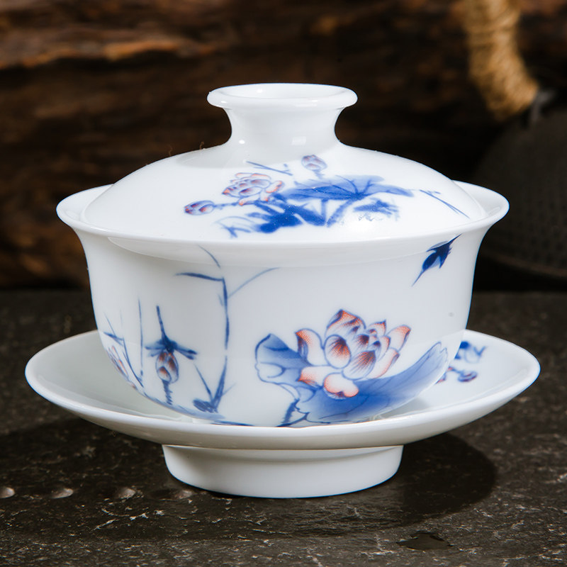 景德镇陶瓷盖碗茶杯 功夫茶具泡茶三才碗青花敬茶杯手抓茶碗小号