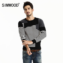 Simwood男装2015秋装男士修身圆领毛衣套头条纹撞色针织衫拼接潮