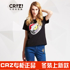 CRZ潮牌女装2016秋专柜新品修身植绒创意脸谱图案纯棉T恤CDJ3T502