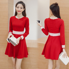 实拍2016秋装新款时尚韩版修身显瘦收腰A字裙气质长袖连衣裙