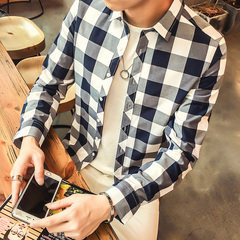 秋季新款韩版男士长袖格子衬衫男装潮流修身休闲流行青少年上衣潮
