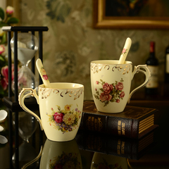欧式马克杯水杯咖啡杯茶杯 手绘描金陶瓷杯带勺 创意情侣水杯特价