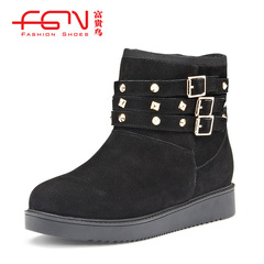 Fuguiniao shoes boot leather keep warm rivet flat shoes real leather and fur snow boots ladies boots