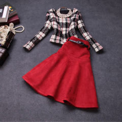 Fall/winter 2014 new European fashion retro big wool plaid skirts two piece suit #