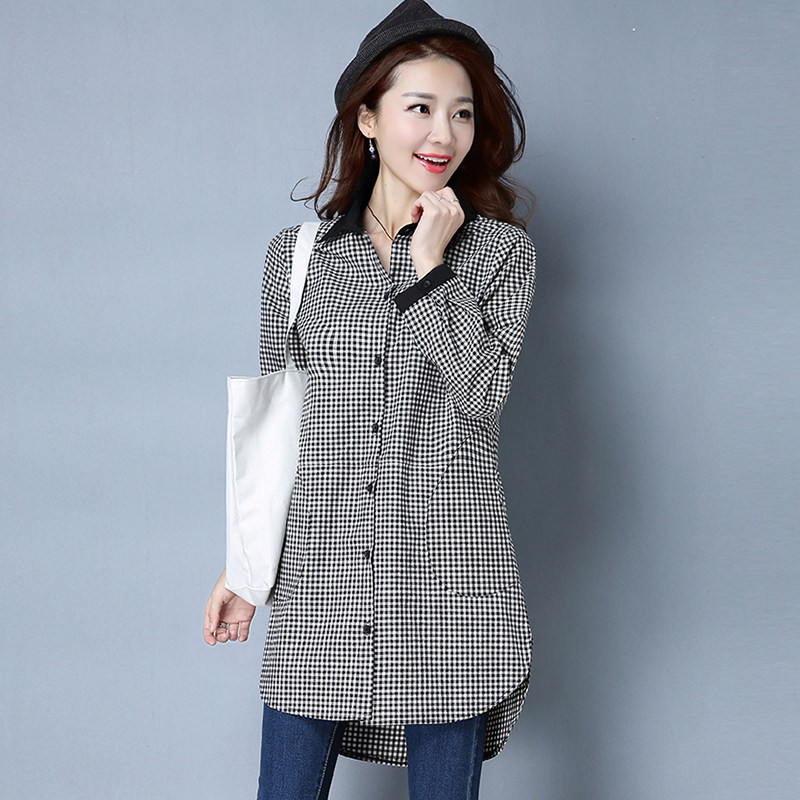 【天猫】 惜颜(服饰)长袖中长款格子衬衫女2017春装新款韩版时尚薄