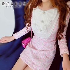 Bow dress big pink doll 2015 autumn new products women's Bud silk yarn a-dress