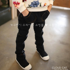 韩国童装冬款男女童个性口袋休闲加绒牛仔裤宝宝小脚裤