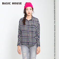 Basic House/百家好秋新品韩版拼色女格子蝙蝠袖长袖衬衫HNBL521B