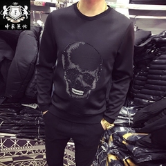 2016冬款男装加绒韩版修身青年潮流骷髅图案烫钻印花男士长袖T恤