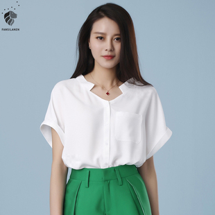 范思蓝恩旗舰店范思蓝恩2015职业女装V领短袖衬衫 蝙蝠袖大码宽松上衣雪纺衫女夏