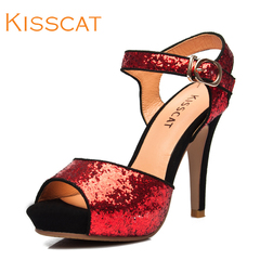 KISSCAT new genuine 2014 summer sequins women's K33383-56LA platform high heel stiletto Sandals Women's shoes