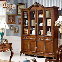 法索纳家具 美式书柜四门100%实木雕花高档陈列柜 欧式书柜深色