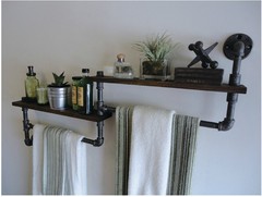 复古铁艺水管书架墙上壁挂实木置物架层架厨房浴室卫生搁板毛巾架