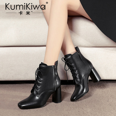 KumiKiwa2016冬季新款短靴真皮系带粗跟高跟马丁靴欧美短筒靴子女