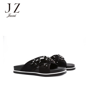 蔻馳包裡面黑色條是什麼 雙 JZ 玖姿女鞋2020夏季新款黑色水鉆外穿豬皮裡平底休閑網面拖鞋 蔻馳包袋